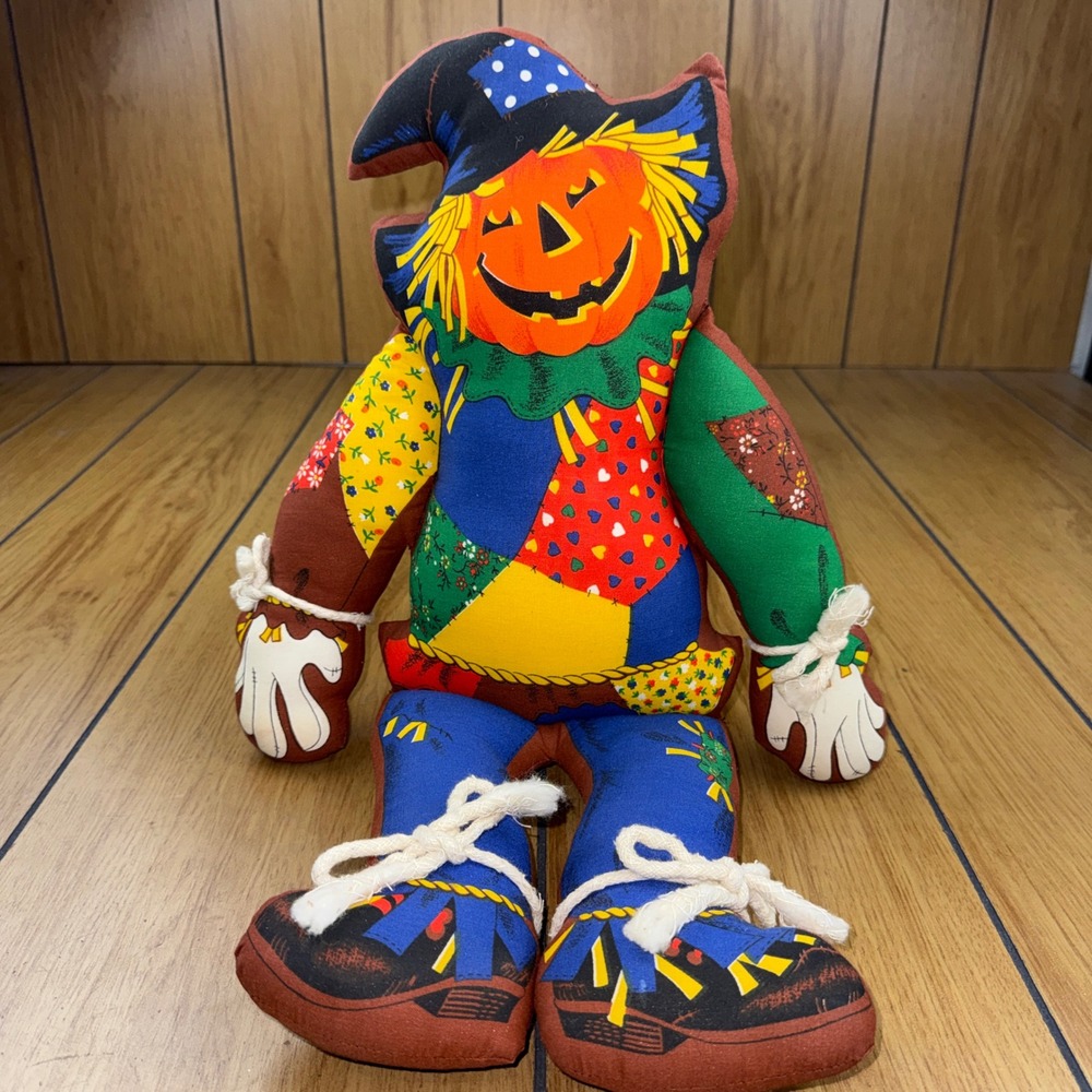 Vintage Halloween Scarecrow Plush Patchwork Pumpkin Head Doll Fall Decor 21 Inch